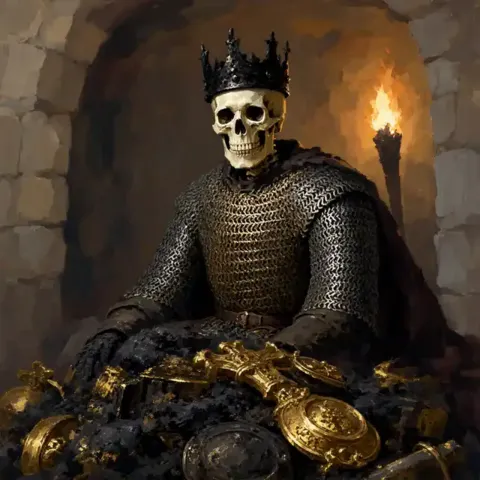 A crowned skeleton in mail seated on a heap of blackened gold.