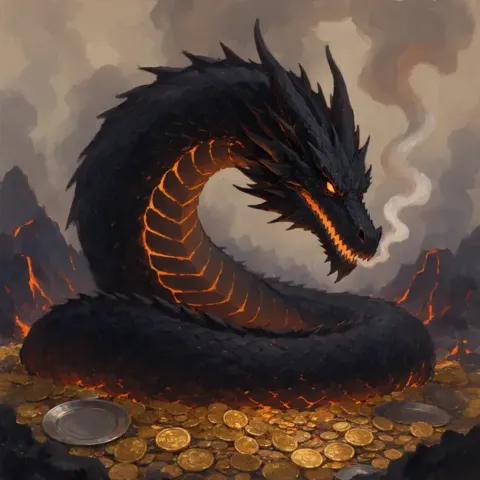 A black dragon coiled on a hoard of coins, embers glowing between its scales.