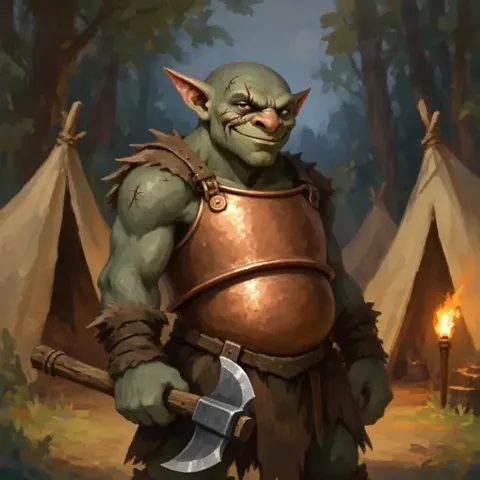 A scarred goblin in a copper breastplate holding an axe, tents behind.