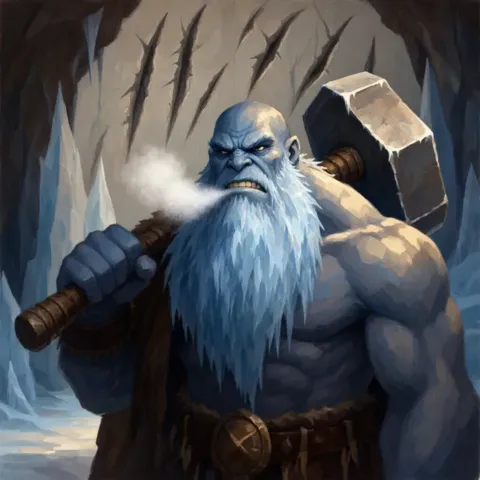 A blue-skinned giant with a white beard, a great hammer on his shoulder, breath steaming.