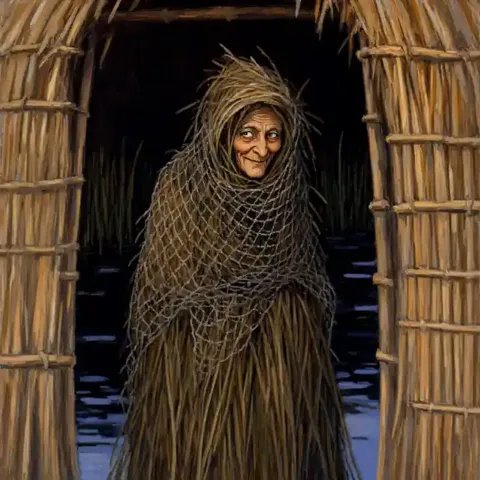 A bent old woman wrapped in reeds and net, standing in a reed doorway.