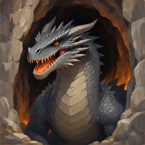 A grey drake with a gaping mouth, emerging from a scorched cave.