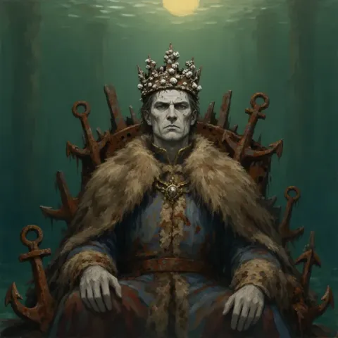A pale crowned king in furs seated on a throne of anchors, green water above.