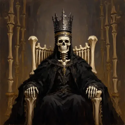 A crowned skeleton in black robes on a throne of bone.