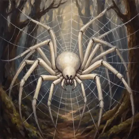 A vast pale spider at the centre of a web filling a hollow.