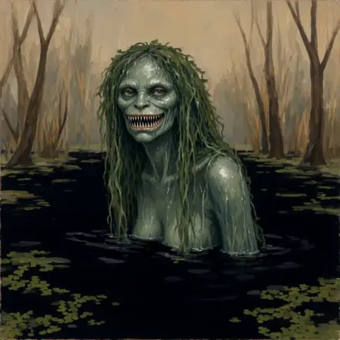 A green hag with weed for hair, half risen from black water.