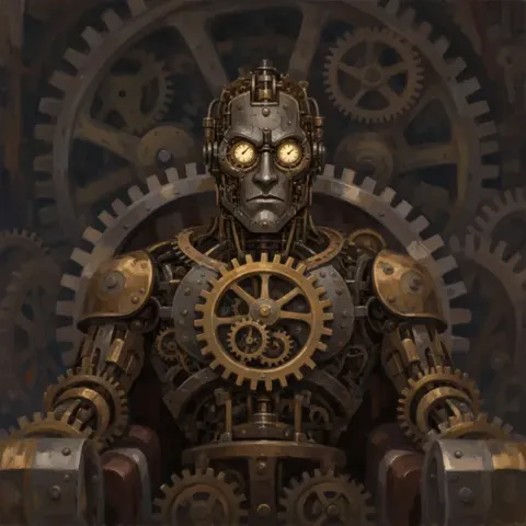 A bronze clockwork figure with glowing eyes, fused into a seat among gears.