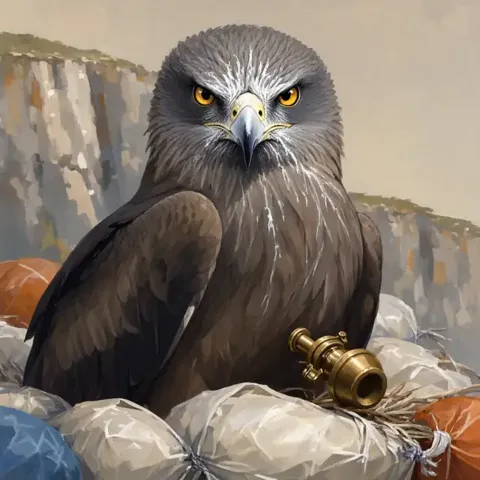A great grey kite with a white-grizzled beak, perched on a nest of wrecked bags.