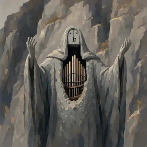 A tall grey stone figure with organ pipes in its hollow chest, arms raised.
