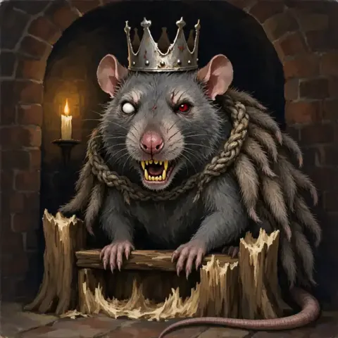 A huge one-eyed grey rat wearing a tin crown, on a throne of gnawed wood.