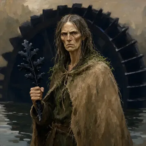 A gaunt woman in wet sacking and weed, holding a black oak spoke, before a waterwheel.