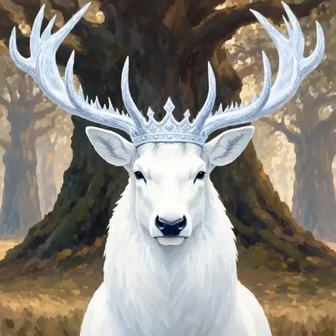A white stag with pale branching antlers and a small crown, before a great tree.