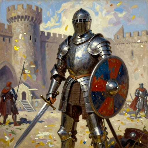 A warrior in full plate with a sword and a painted round shield, before a castle wall.
