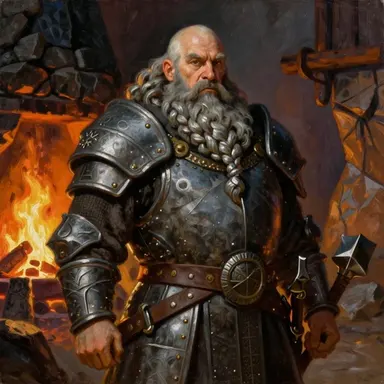 A bald, bearded dwarf in plate before a forge fire.