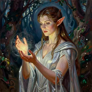 An elf woman in pale robes holding a glowing light in cupped hands.