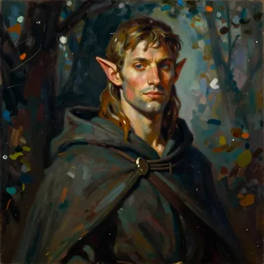 A half-elf in a dark green hood, in a twilit forest.