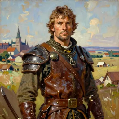 A human man in a leather jerkin, a town behind him.