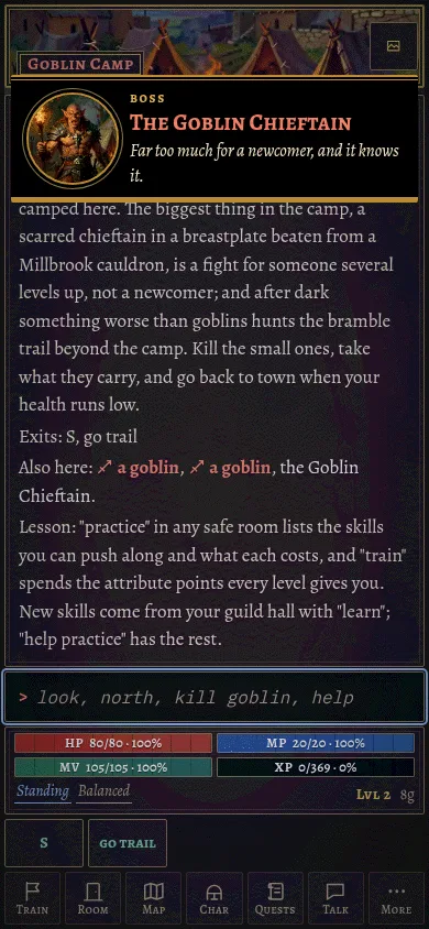 The client on a phone: a boss card for the Goblin Chieftain with his portrait, above the room text of the goblin camp.
