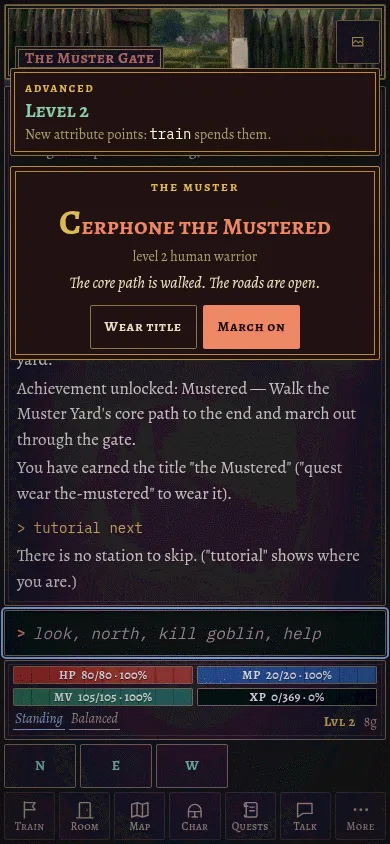 The client on a phone: a level-up toast and the illuminated graduation card for a new warrior, with Wear title and March on buttons.
