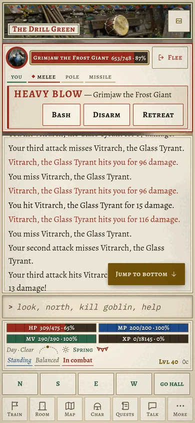 The client on a phone in the light theme: Grimjaw the Frost Giant's health bar and a Heavy blow strip with Bash, Disarm and Retreat buttons above the fight log.