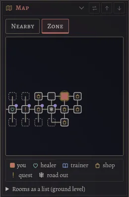 The Map pane in Zone view, rooms drawn as linked squares with icons.